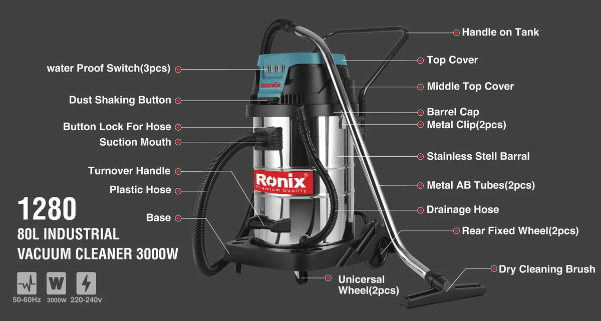 80L Industrial Vacuum Cleaner 3000W — Ronix tool view 2 | Authorized distributor KSA